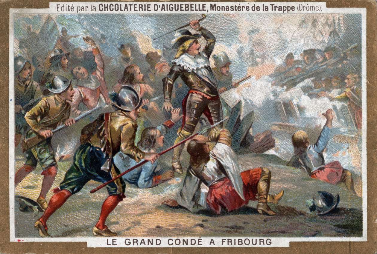 Lodewijk II van Bourbon, Prins van Condé, bekend als Le Grand Condé, bij de Slag bij Fribourg in 1644. Chromolithografie van de 19e eeuw door French School