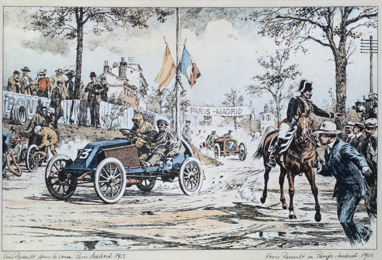 Louis Renault rijdt in de Parijs naar Madrid race van 1903, ca. 1903 door French School