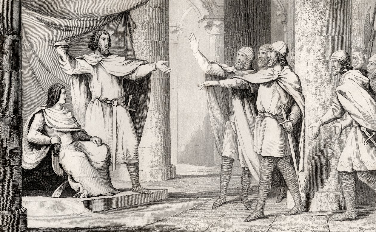 Lodewijk V (967-87) de Luie toont zijn kroon aan zijn volgelingen, uit 