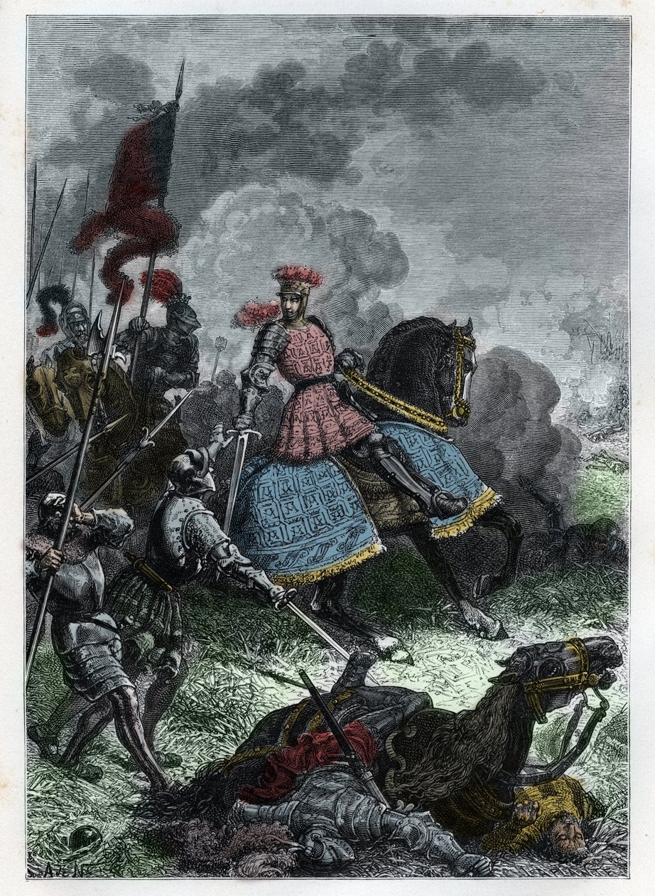 Lodewijk XII bij de Slag bij Agnadel nabij Crema in Lombardije gewonnen door de Koning van de Venetianen op 14 mei 1509 - Slag bij Agnadello - Lodewijk XII van Frankrijk verslaat de Venetianen - gravure uit 