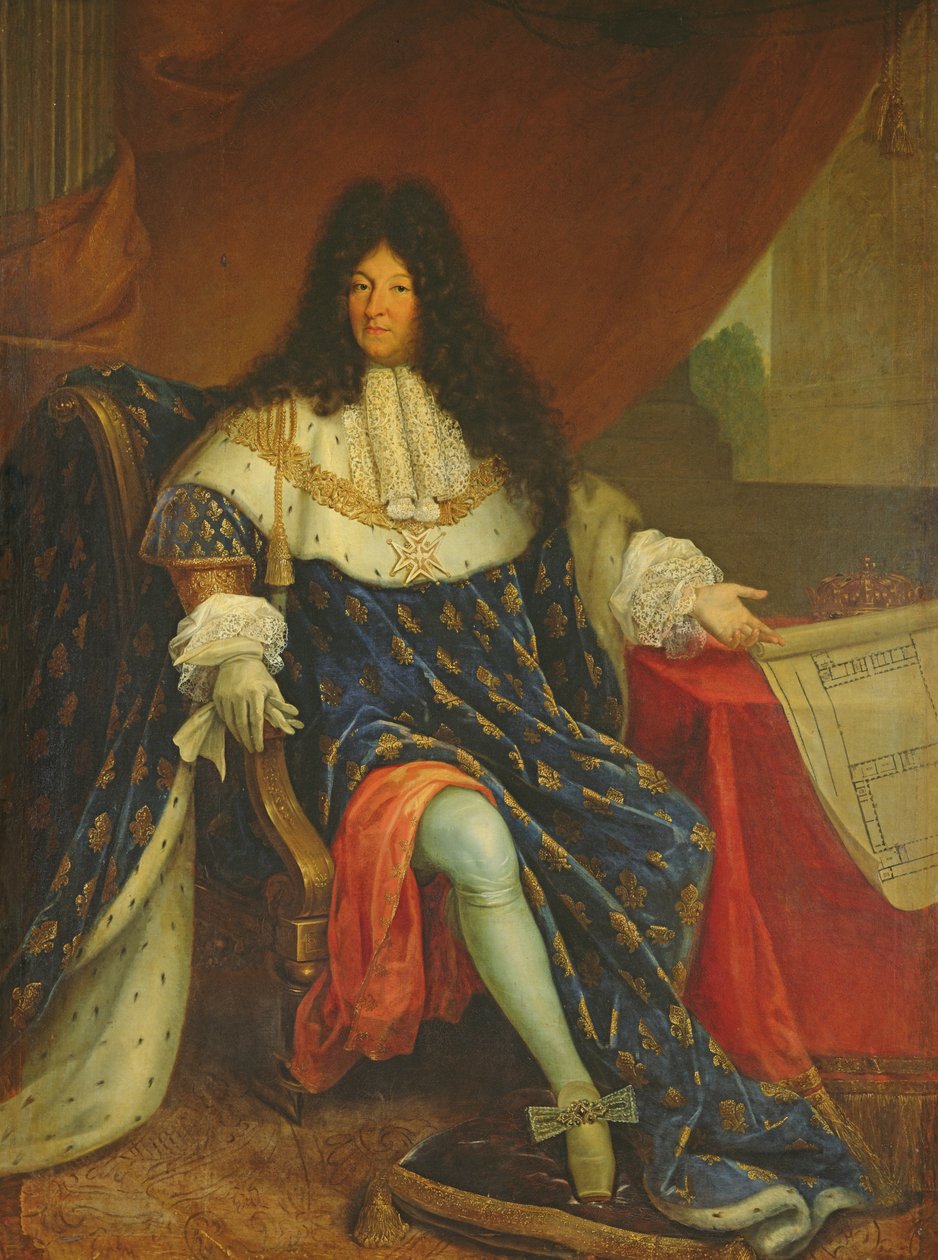 Lodewijk XIV (1638-1715) met een plan van het Maison Royale de Saint-Cyr door French School