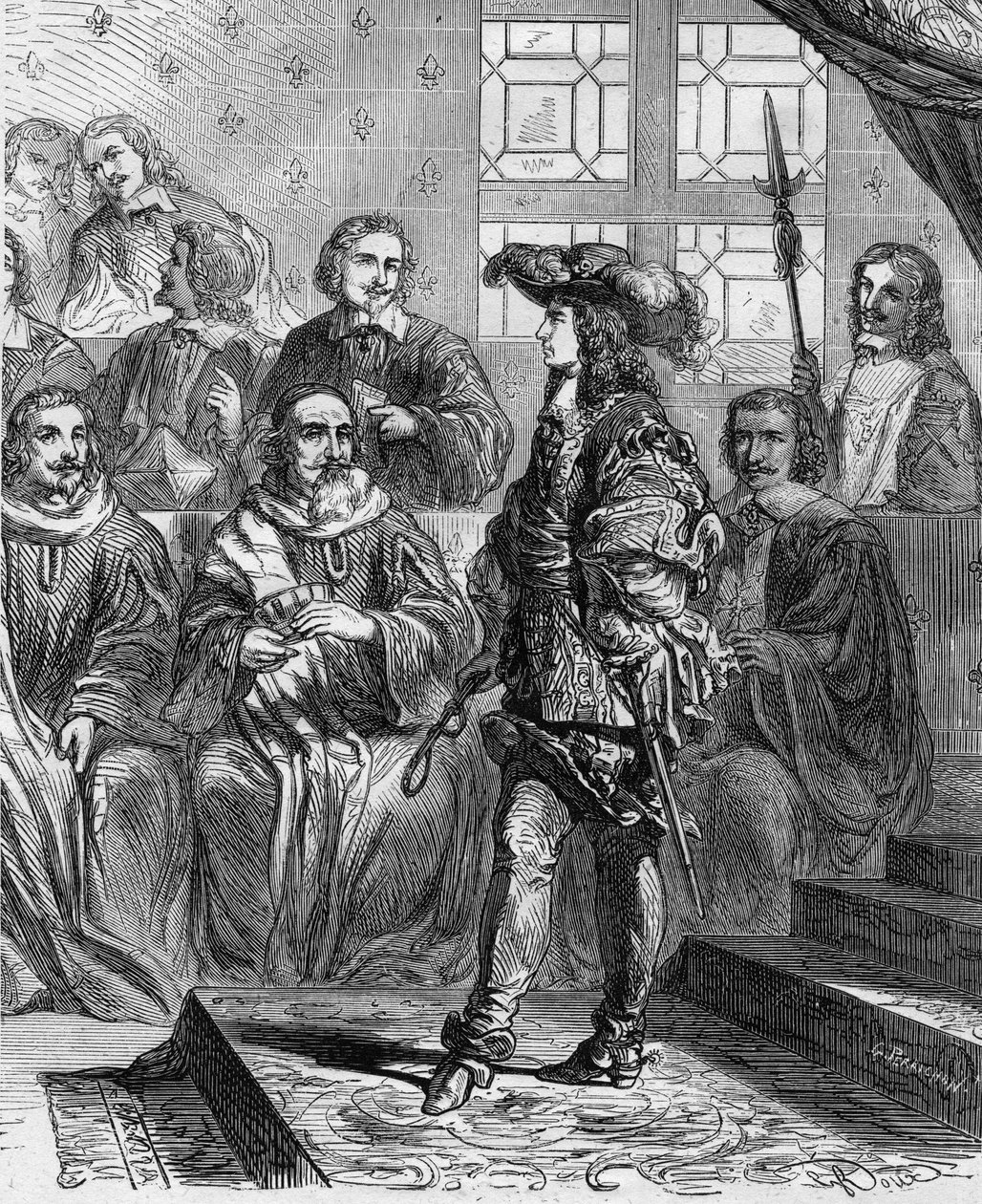 Lodewijk XIV (1638 - 1715) was 17 jaar oud in 1652 voor het parlement en dwong de president om de vergadering te ontbinden. Gravure in 