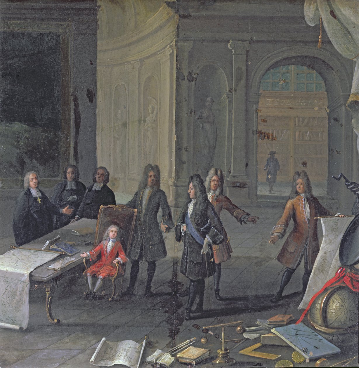 Lodewijk XIV woont een les bij van zijn achterkleinzoon, de toekomstige Lodewijk XV, ca. 1715 door French School