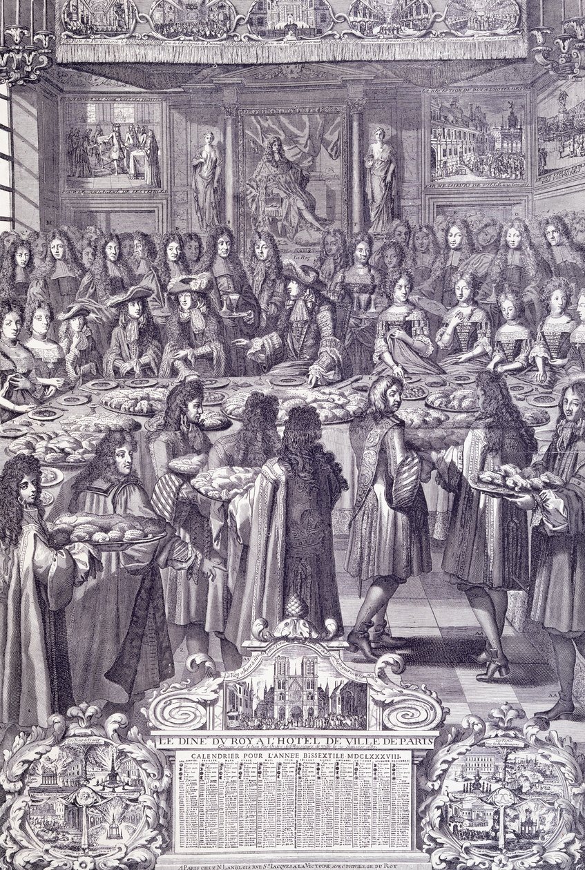 Lodewijk XIV, liefde en vreugde van zijn volk, gravure uit Almanacco door French School