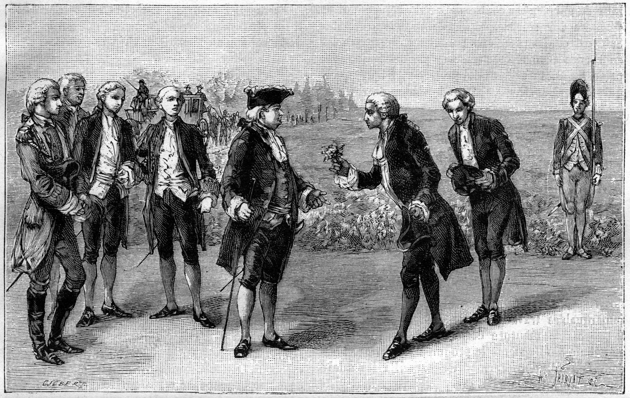 Lodewijk XVI (1754-1793) bezoekt het eerste aardappelveld in de vlakte van de Sablons (huidige Avenue de la Grande Armée, Parijs), Antoine Augustin Parmentier (1737-1813) bood hem aardappelbloemen aan, rond 1785. Gravure in 