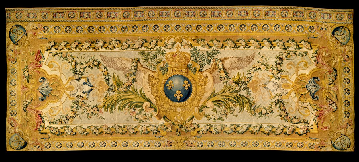 Lodewijk XV meubilair: tapijt van de tribune van de koninklijke kapel van Versailles. Gemaakt door de fabriek van Chaillot. 1759 Versailles, museum van het kasteel door French School