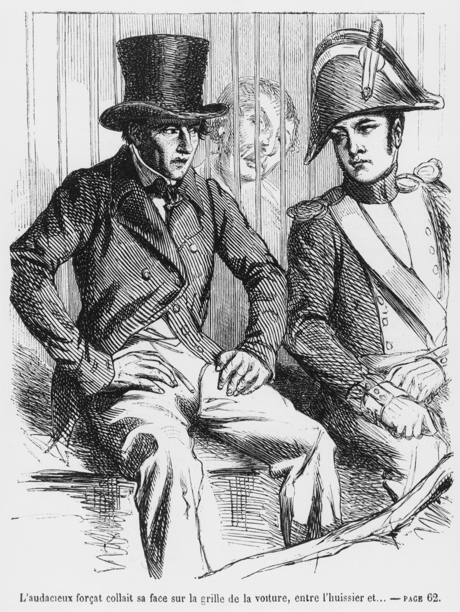 Lucien de Rubempre en Vautrin gearresteerd, illustratie uit Splendeurs et Miseres des Courtisanes door Honore de Balzac, gepubliceerd 1867 door French School