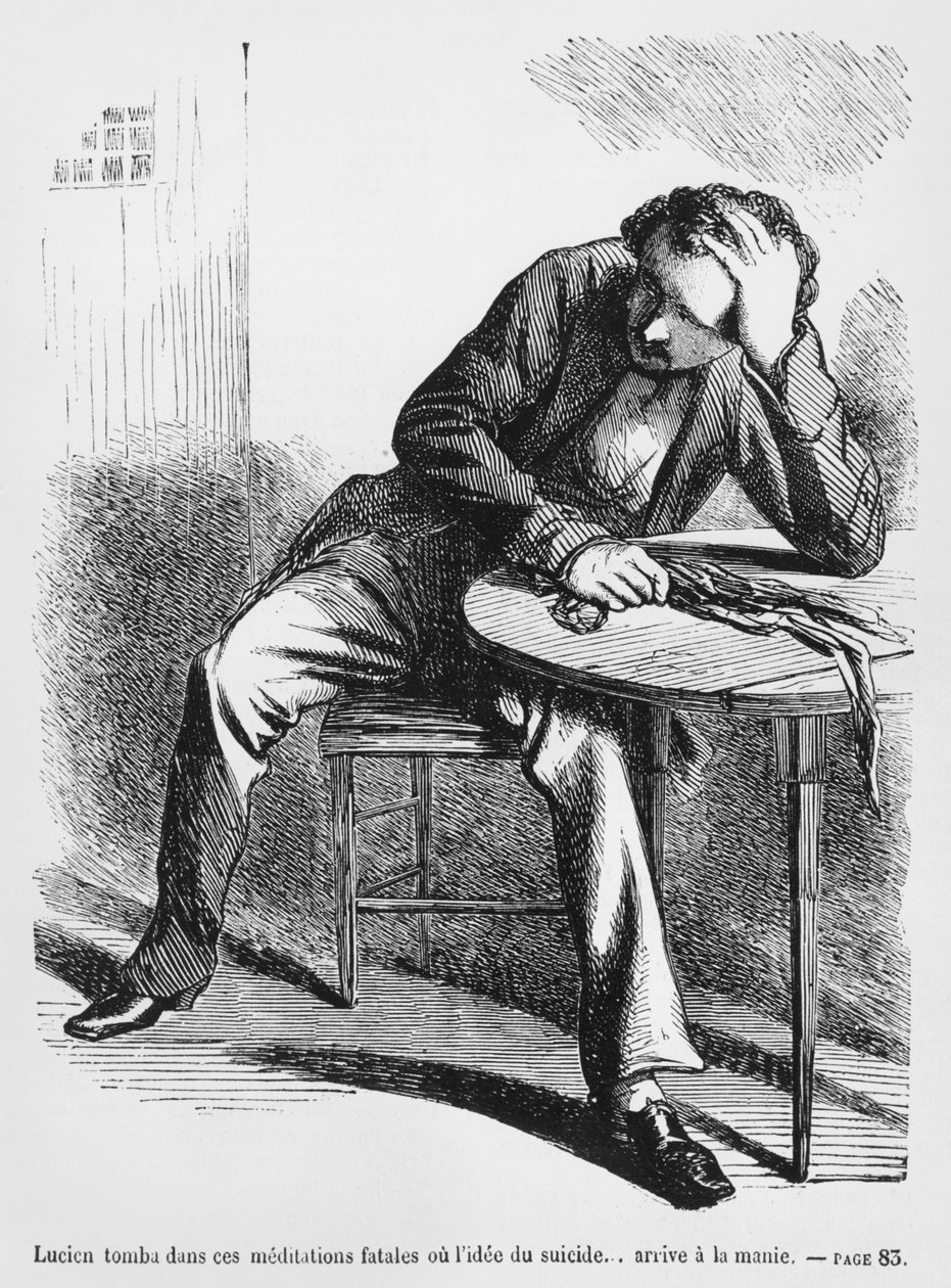 Lucien de Rubempre denkt aan zelfmoord, illustratie uit Splendeurs et Miseres des Courtisanes door Honore de Balzac, gepubliceerd 1867 door French School