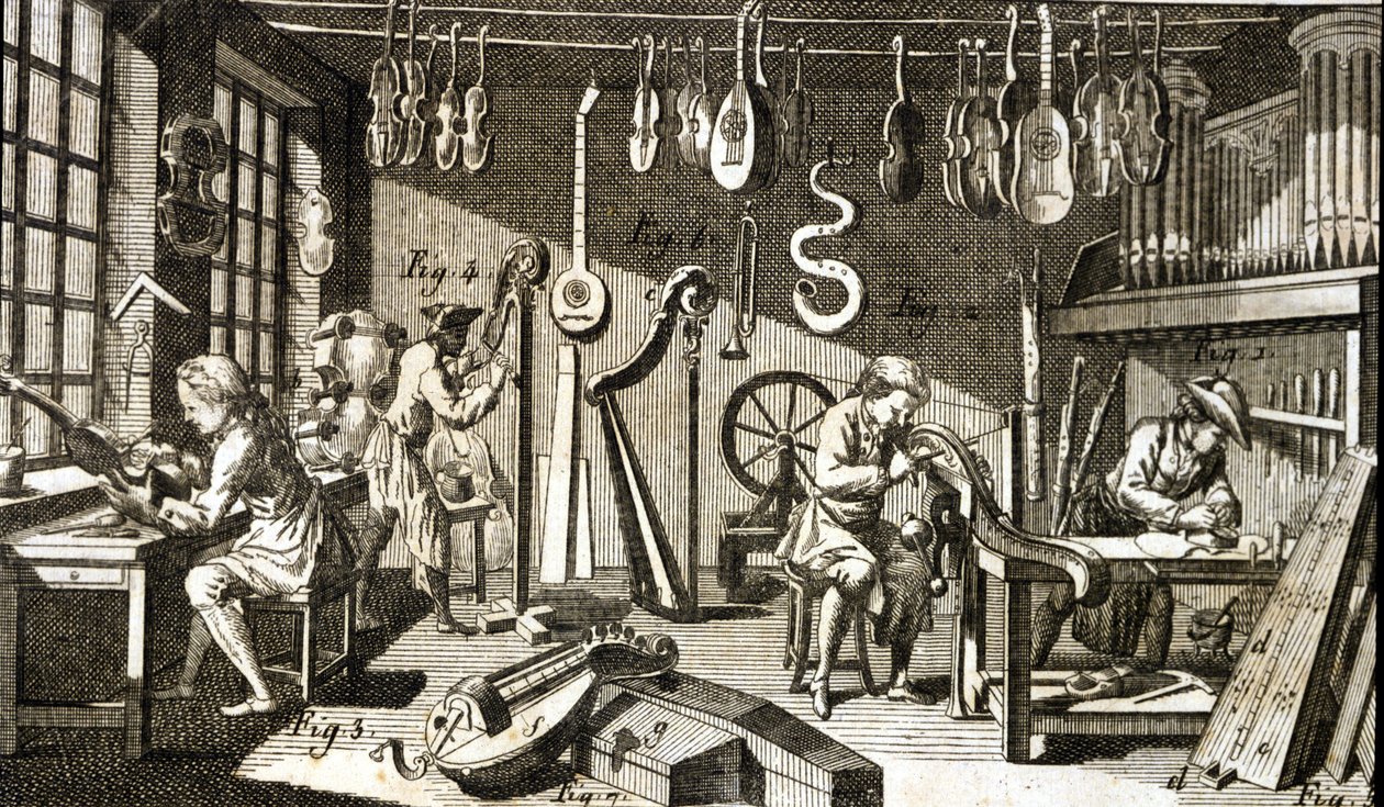 Werkplaats van de Luthier. Gravure - in Encyclopedie van Diderot en Alembert door French School