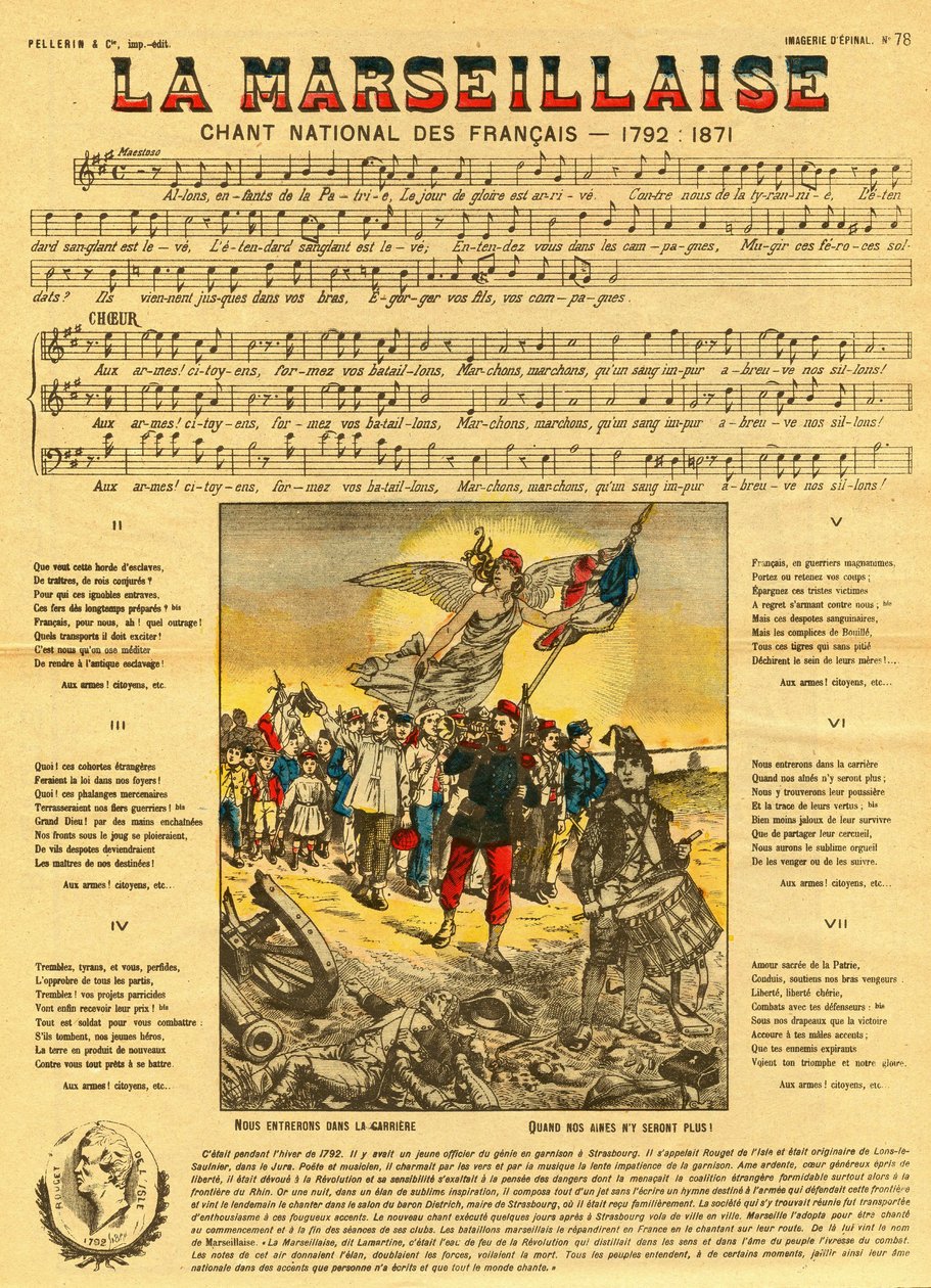 Liedtekst en muziek van de Marseillaise, het Franse volkslied gecomponeerd door Rouget de Lisle (Rouget de L