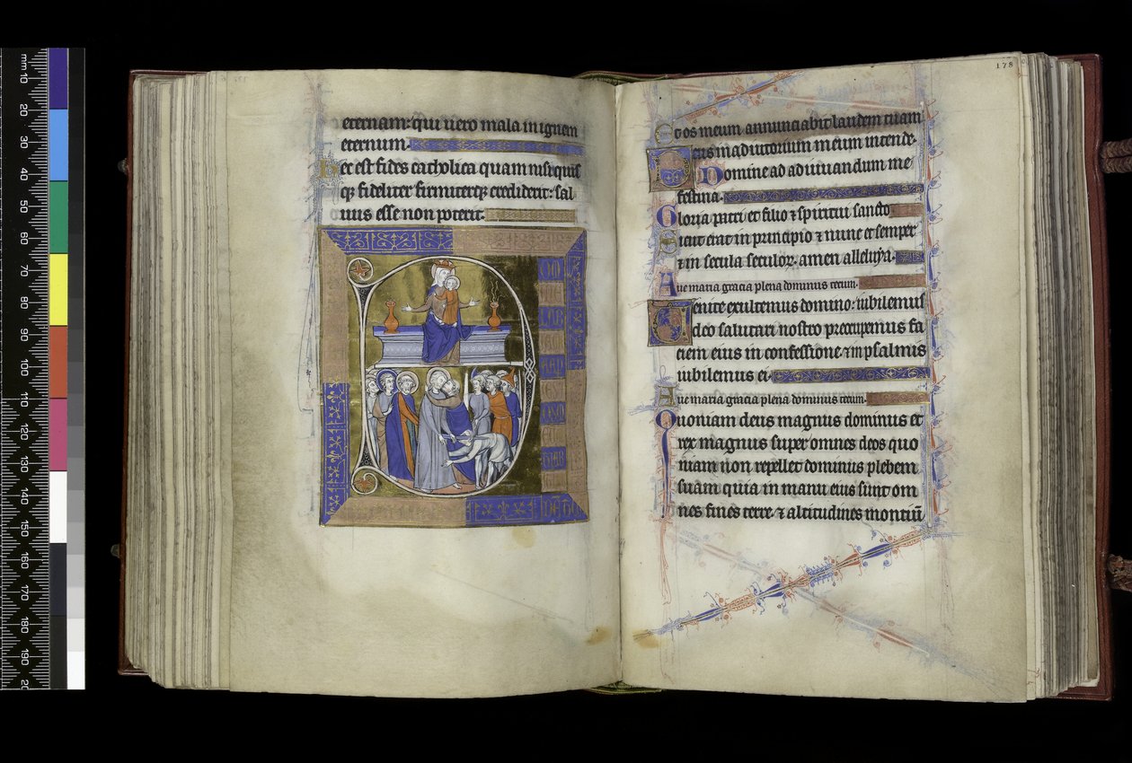 MS 300 f.177v-178r, Metten, Maagd en Kind zittend tussen twee vazen op bank (boven); Verraad van Christus, met Judas die Christus kust, en St. Peter die het oor van Malchus afsnijdt (onder), uit het Psalter en de Getijden van Isabella van Frankrijk, Parijs door French School