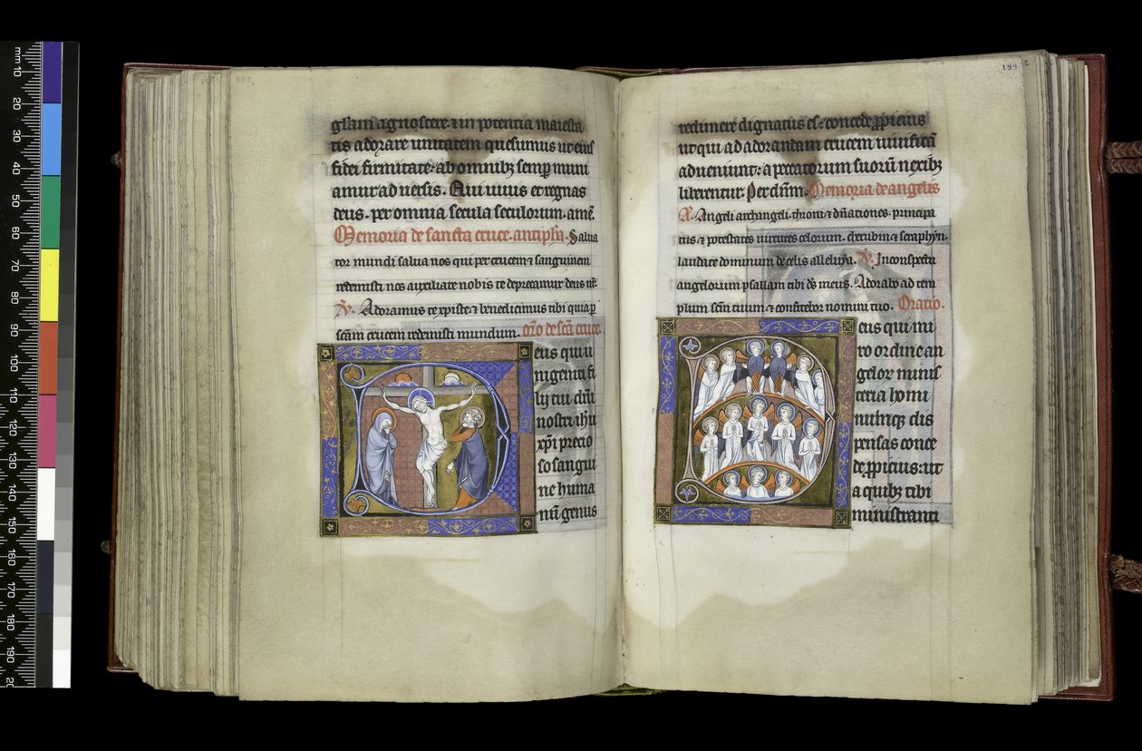 MS 300 f.198v-199r, Voorbede tot het Kruis en Voorbede tot Engelen, uit het Psalter en de Getijden van Isabella van Frankrijk, Parijs, ca. 1265-70 (pen en inkt en tempera op perkament) door French School