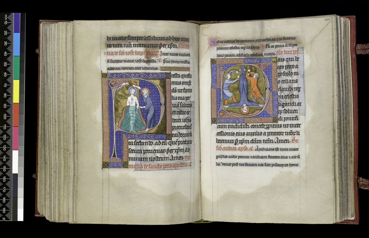 MS 300 f.199v-200r, Voorbede tot St. Johannes de Doper en Voorbede tot St. Peter, uit het Psalter en de Getijden van Isabella van Frankrijk, Parijs, ca. 1265-70 (pen en inkt en tempera op perkament) door French School