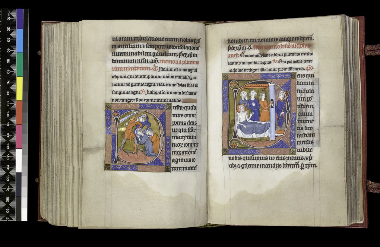 MS 300 f203v-204r, Suffragie aan Martelaren en Suffragie aan St. Nicolaas, folio uit de Psalter en Getijden van Isabella van Frankrijk, Parijs, ca.1265-70 door French School