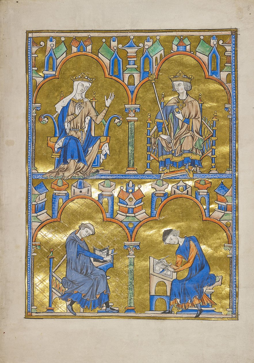 MS M.240 f.8r, Blanche van Castilië en koning Lodewijk IX van Frankrijk en onder: Auteur dicteert aan een schrijver, Bijbel van Sint Louis (Moralized Bible), waarschijnlijk Parijs door French School