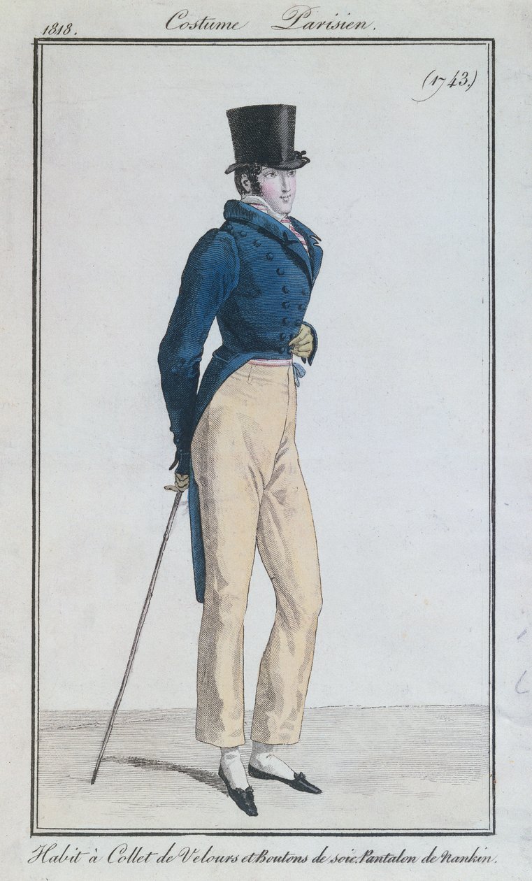 Mannenkostuum met fluwelen kraag, zijden knopen en nankeenbroek, 1816 door French School