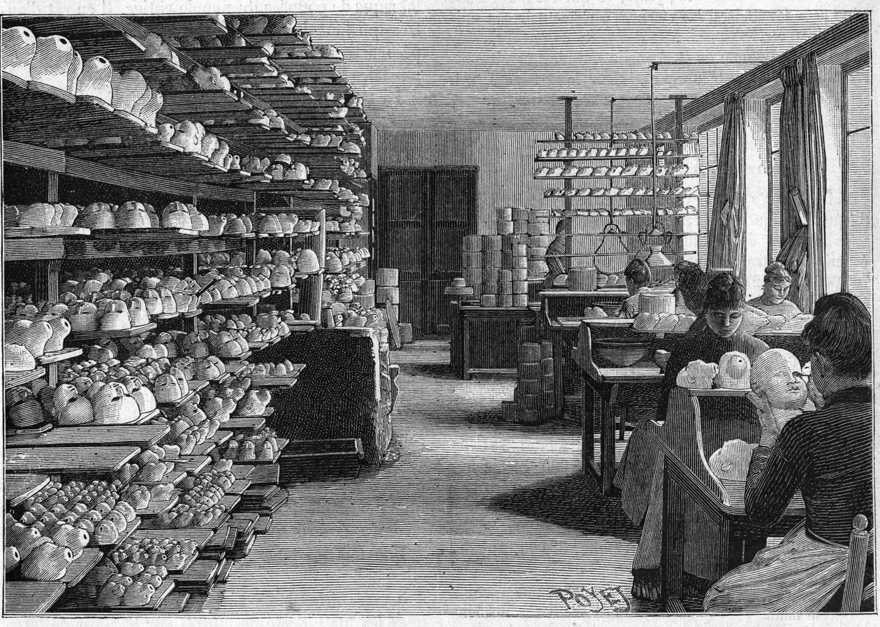 Fabricage van Montreuil-poppen in 1888. Kamer voor het drogen van poppenhoofden voor het koken en decoupage van ogen. door French School