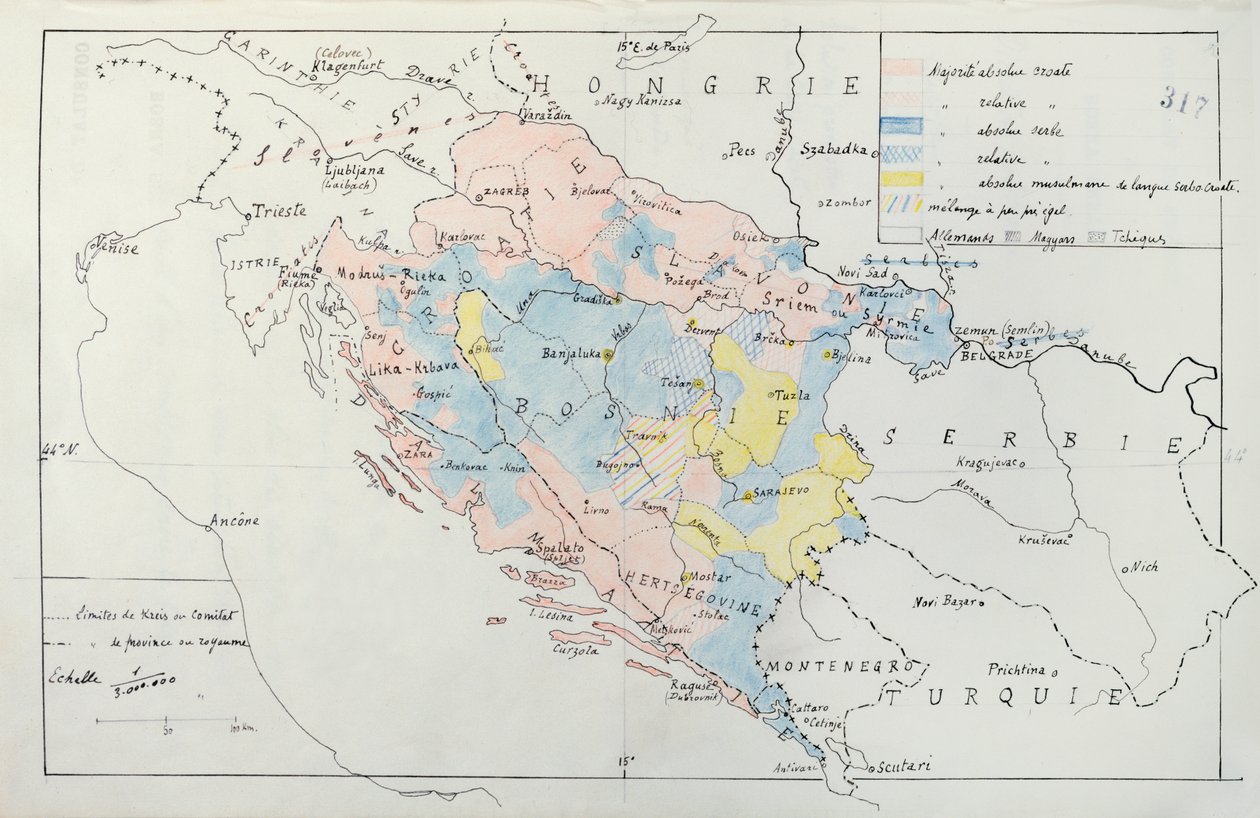 Kaart van Bosnië met details van de gebieden bezet door etnische minderheidsgroepen, 1910 door French School