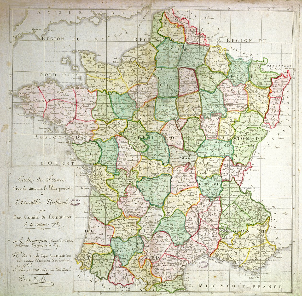 Kaart van Frankrijk met plannen om departementen te verdelen, 1789 door French School