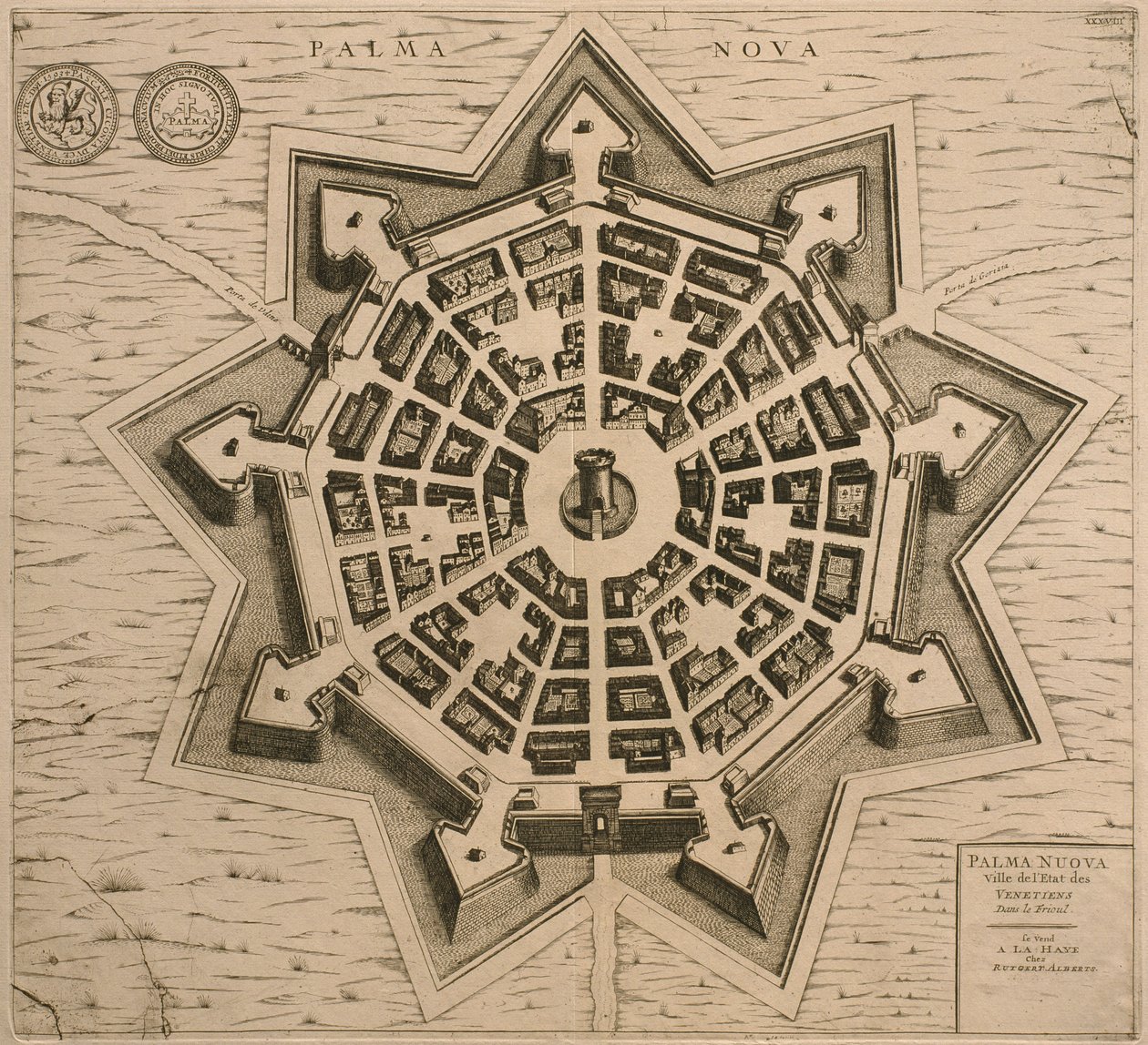 Kaart van Palmanova, uit Les Villes de Venetie, 1704, gepubliceerd door Rutgert Alberts in Den Haag door French School