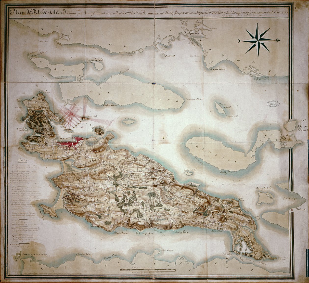 Kaart van Rhode Island ten tijde van de bezetting 1780-81 door het Franse leger op bevel van Jean-Baptiste de Vimeur, graaf van Rochambeau door French School
