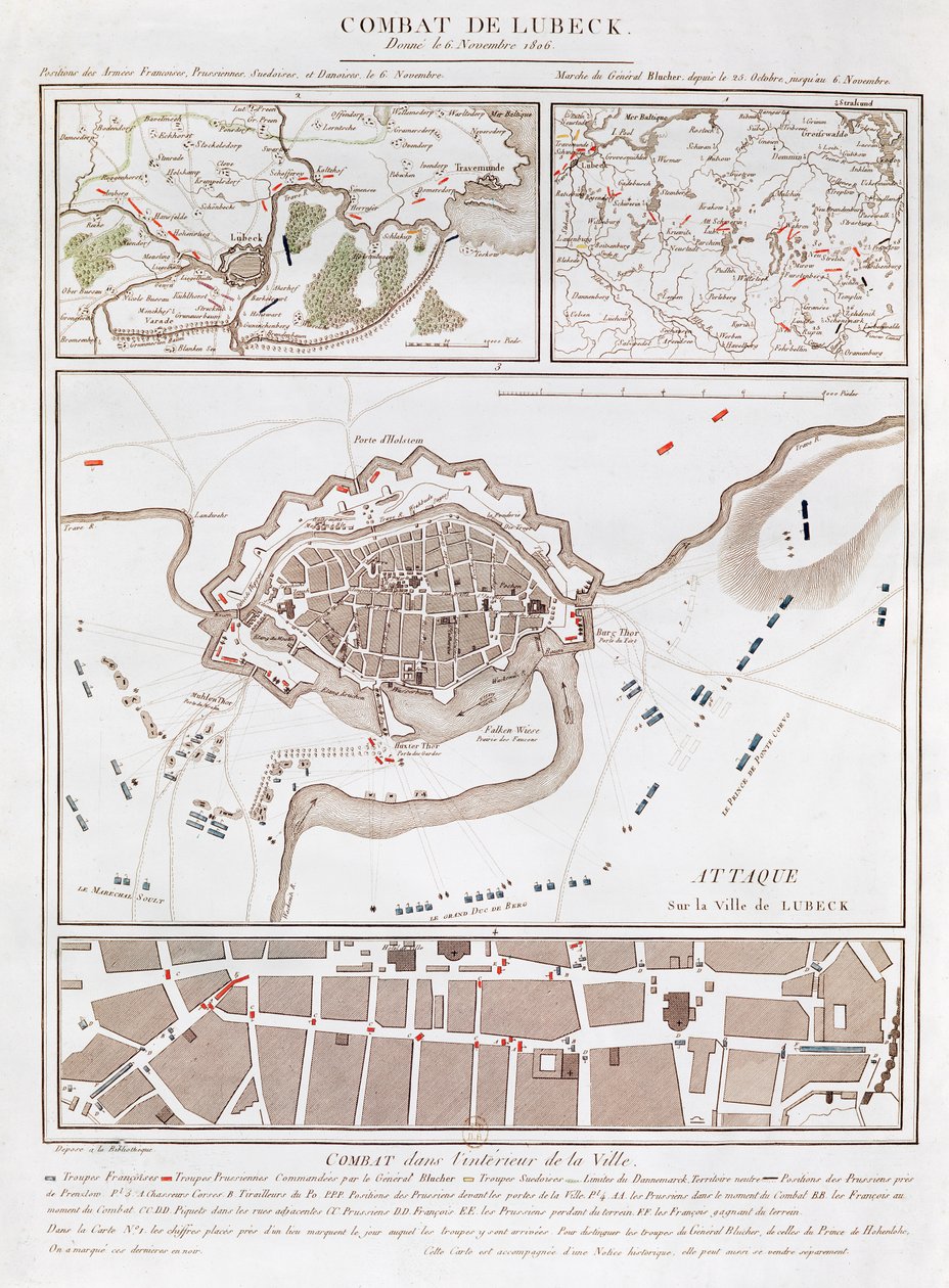Kaart van de strijd bij de Slag om Lubeck, met posities van de Franse, Pruisische, Zweedse en Deense legers door French School