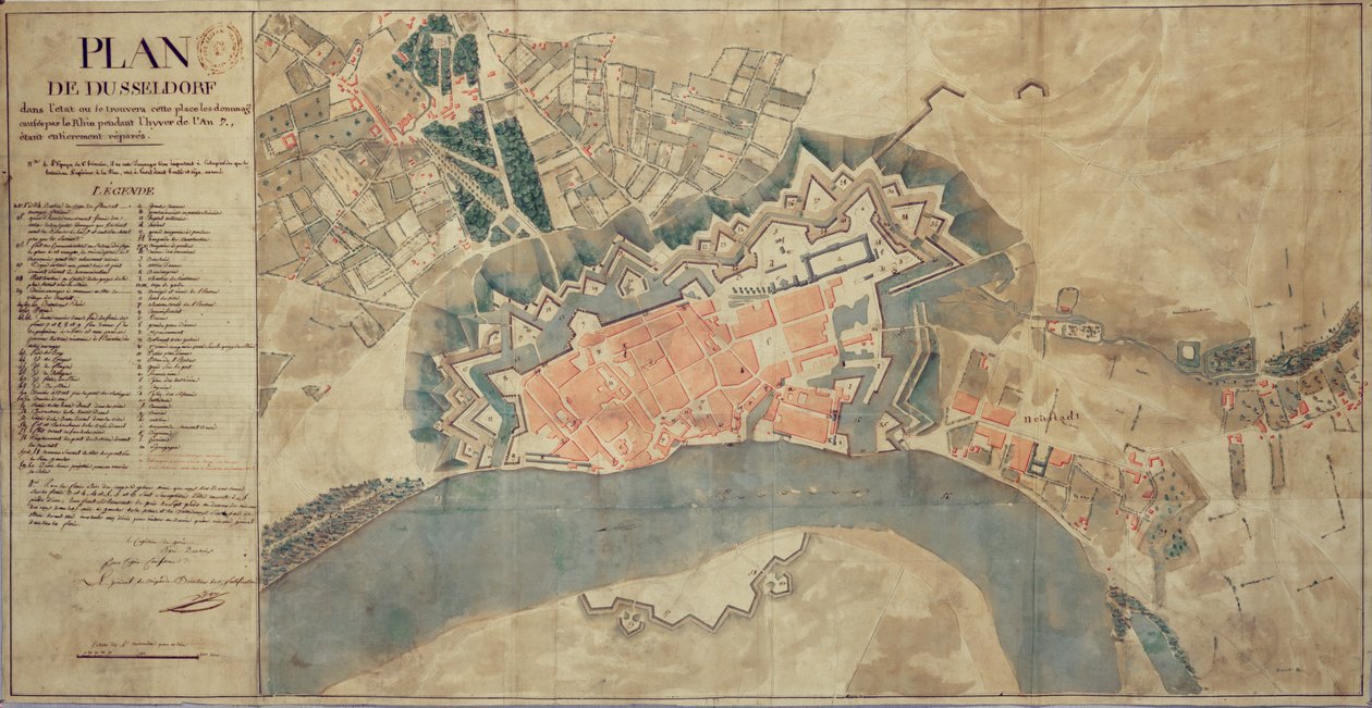Kaart van schade veroorzaakt door de Rijn, Düsseldorf, 1799 door French School
