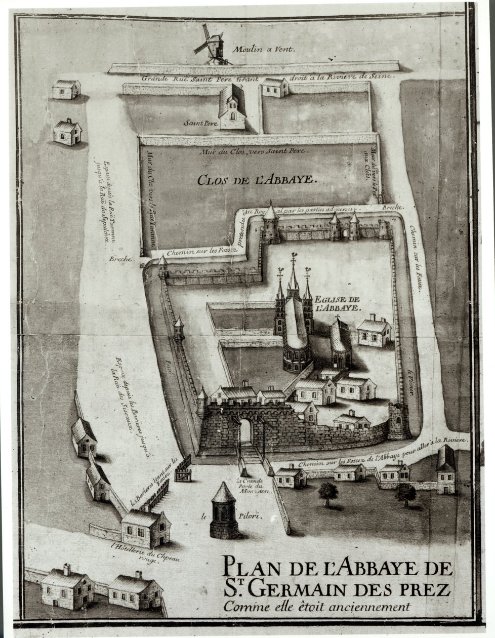 Kaart van de Abdij van Saint-Germain-des-Pres, 1713 (inkt en gouache op papier) door French School