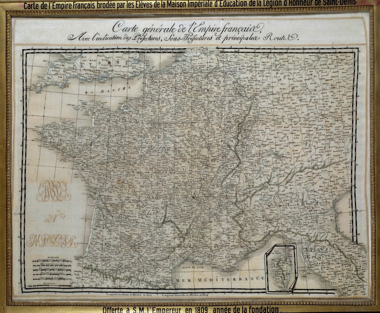 Kaart van het Franse Keizerrijk (Eerste Keizerrijk) geborduurd door de studenten van het keizerlijke huis van het Legioen van Eer van Saint Denis. Borduurwerk uit 1809. Ile d