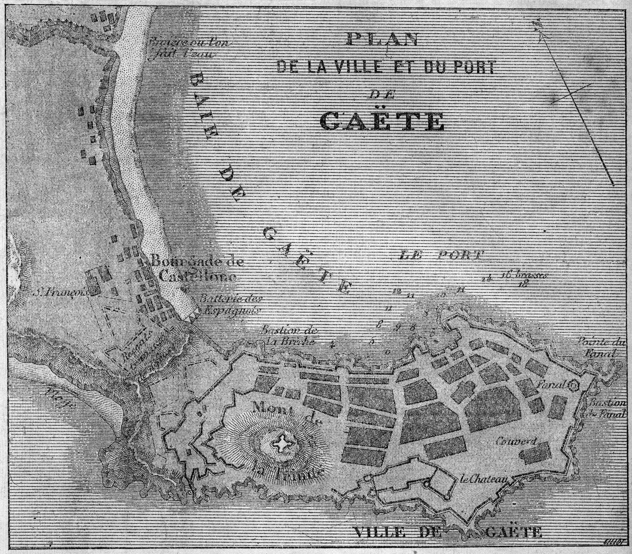 Kaart van de stad en haven van Gaeta, Italië. door French School