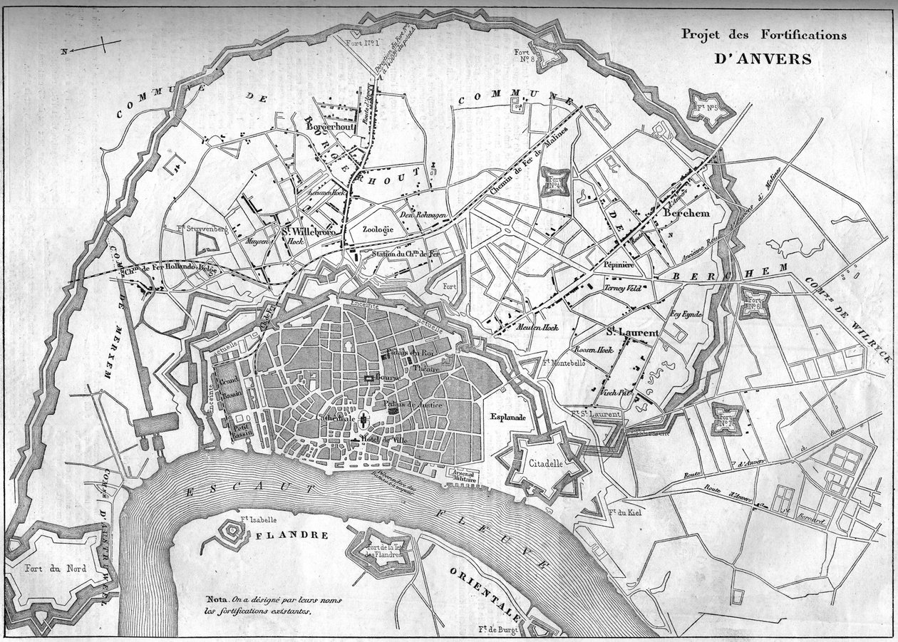 Kaart van de stad Antwerpen (België) in 1859; die het project van de nieuwe vestingwerken weergeeft. Gravure in 