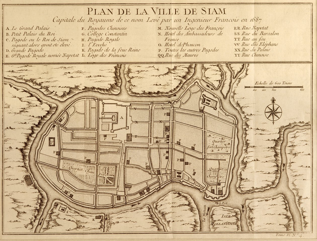 Kaart van de stad Siam, hoofdstad van het gelijknamige koninkrijk na een onderzoek door een Franse ingenieur in 1687, gepubliceerd in de 1751 editie van Histoire Generale des Voyages door Antoine Prevost door French School