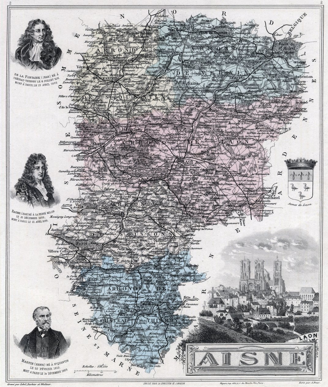Kaart van het departement Aisne (gravure 1889) door French School