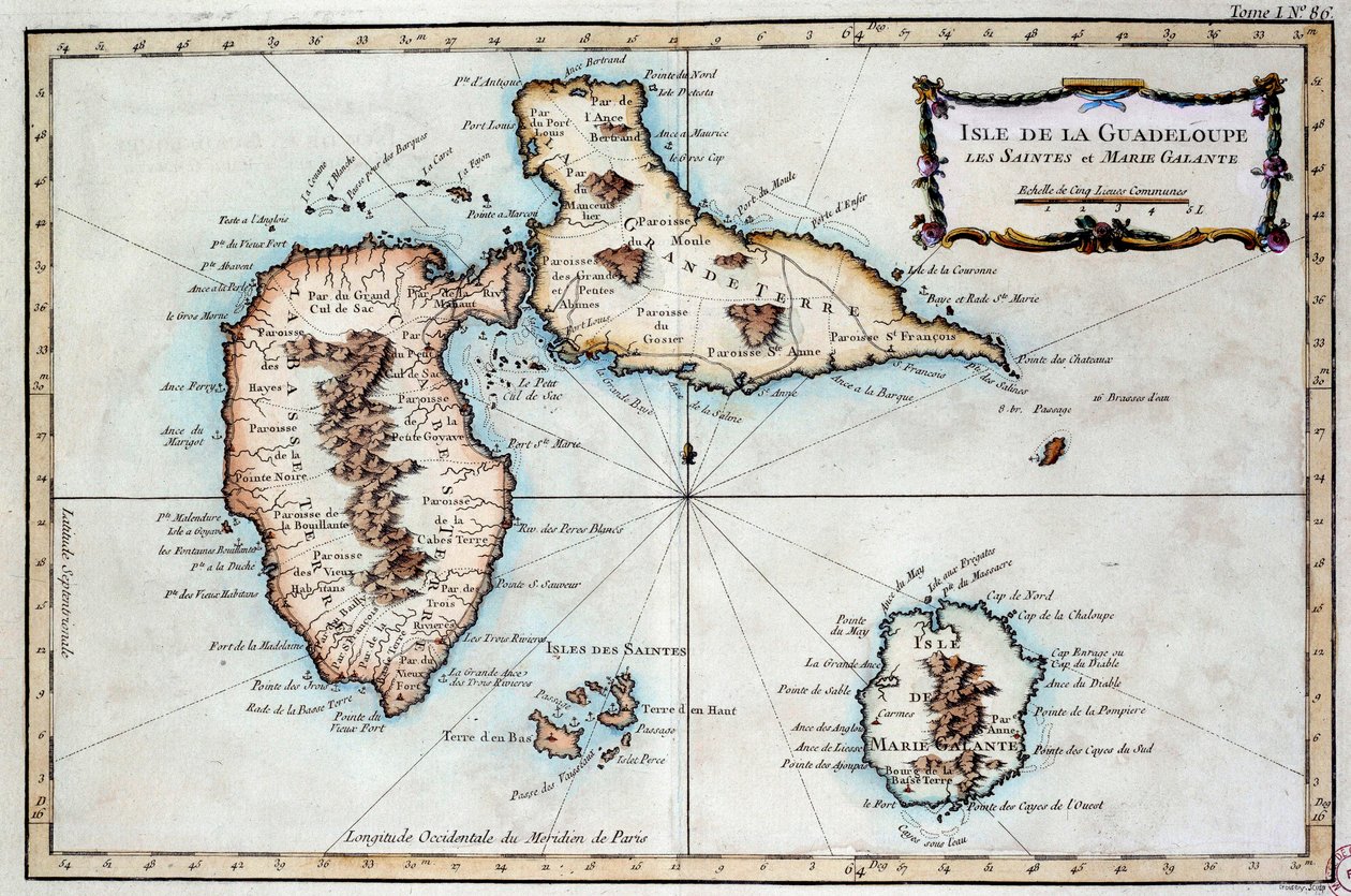 Kaart van het eiland Martinique, het eiland Saintes en het eiland Marie Galante in de West-Indië. Gravure uit de 19e eeuw. Chartres, Musée des Beaux Arts door French School