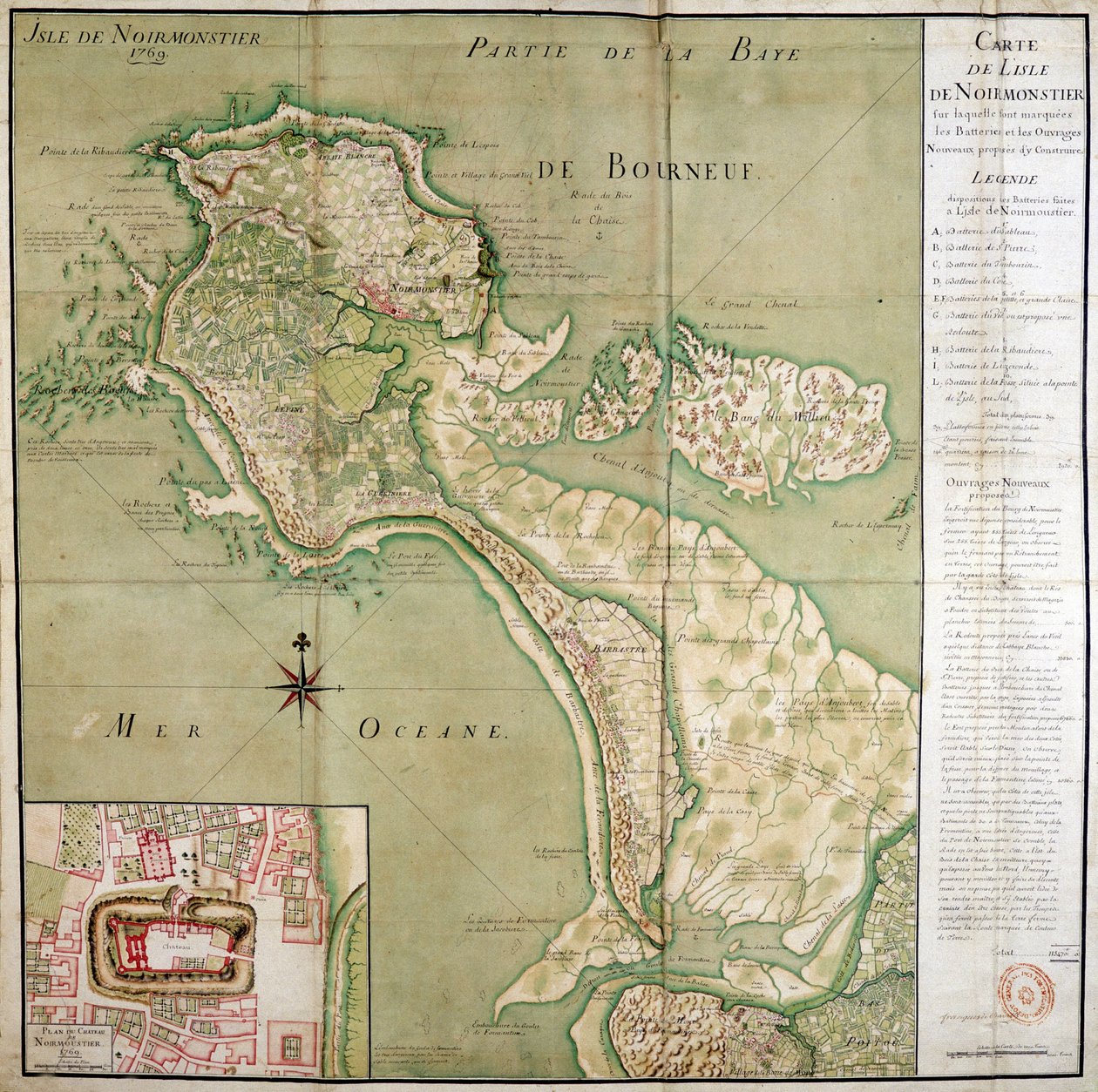 Kaart van het eiland Noirmoutier vergezeld van een kaart van het kasteel, gemaakt in 1769 door French School