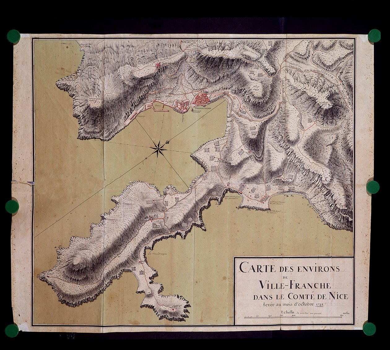 Kaart van de omgeving van Villefranche in het graafschap Nice, opgemaakt in oktober 1748 door French School