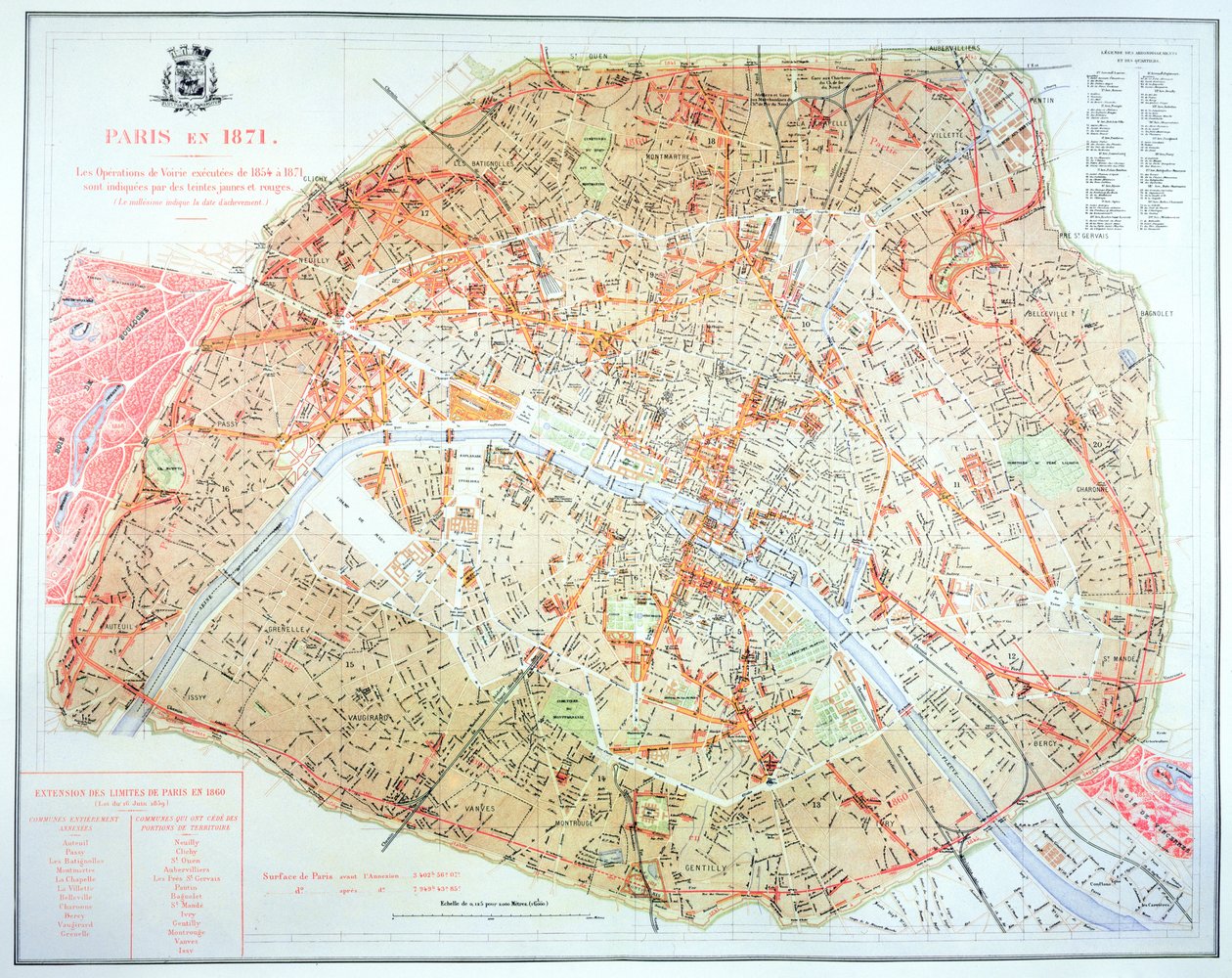 Kaart met de omvang van het werk tijdens de Haussmann-periode van ontwikkeling in Parijs van 1854-71, 1871 door French School