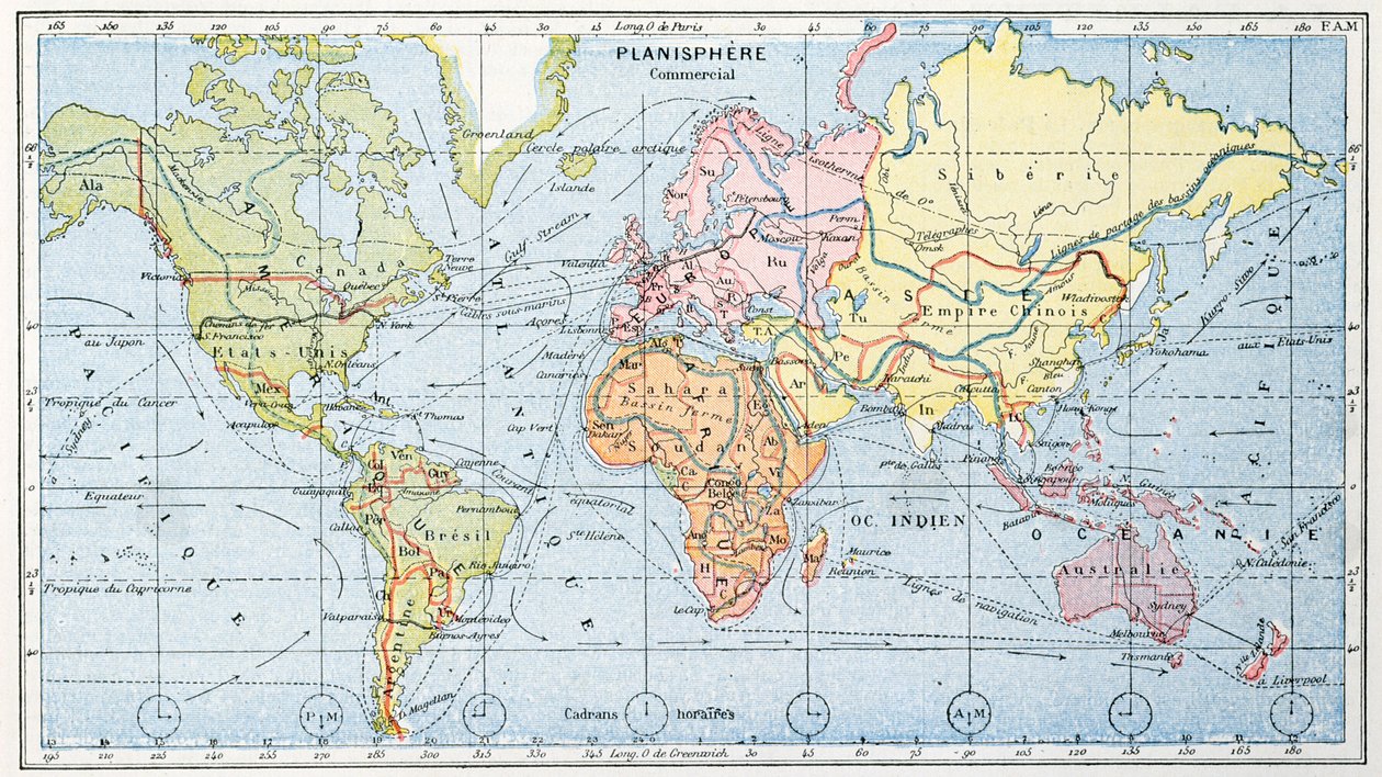 Kaart met de belangrijkste wereldhandelsroutes, 1912 door French School