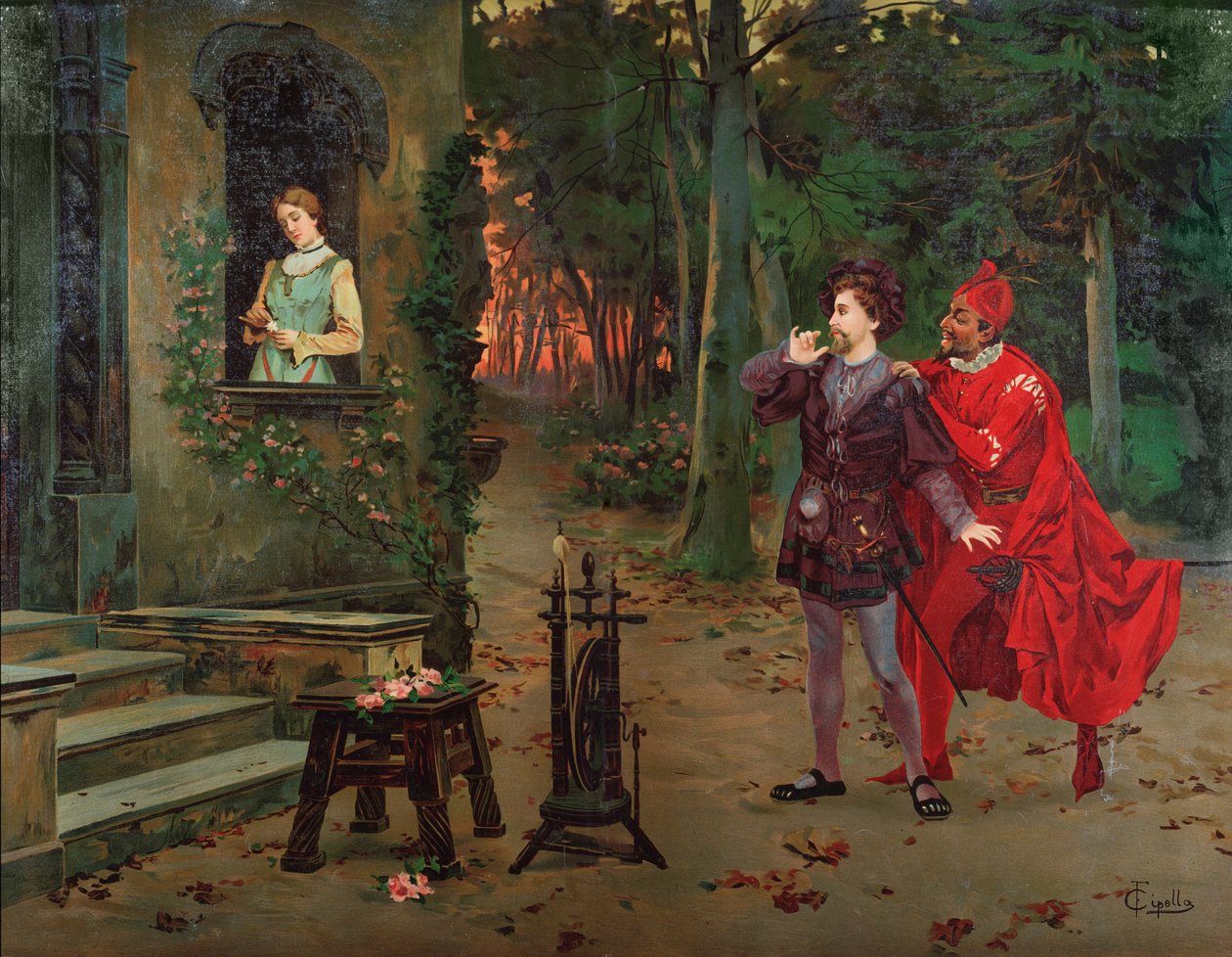 Marguerite, Faust en Mephisto. Scène uit Faust door Charles Gounod (1818-1893). circa 1900. door French School