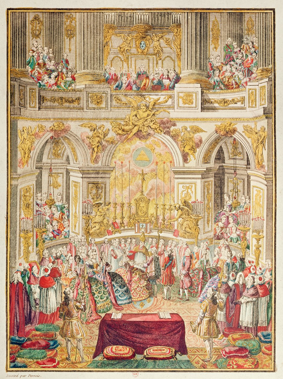 Huwelijk van de Dauphin van Frankrijk (toekomstige Lodewijk XVI) met aartshertogin Marie-Antoinette in de kapel van Versailles op 16 mei 1770 door French School