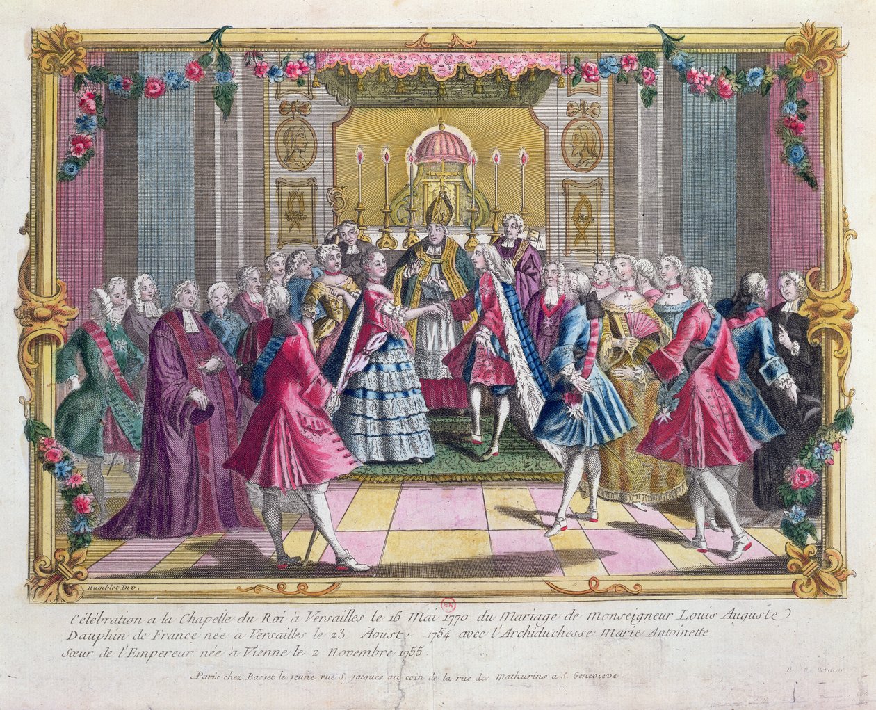 Huwelijk van de Dauphin van Frankrijk (toekomstige Lodewijk XVI) met aartshertogin Marie-Antoinette in de kapel van Versailles op 16 mei 1770 door French School