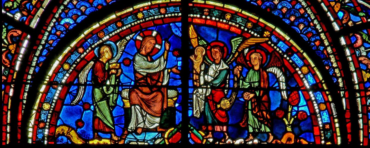 Het Maria Magdalena-raam: Christus zegent de ziel van Maria Magdalena door French School