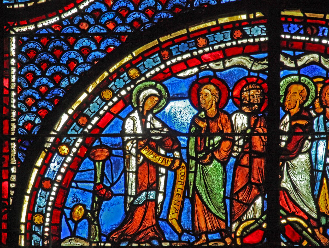 Het Maria Magdalena-raam: Maria vertelt de discipelen over de Opstanding door French School