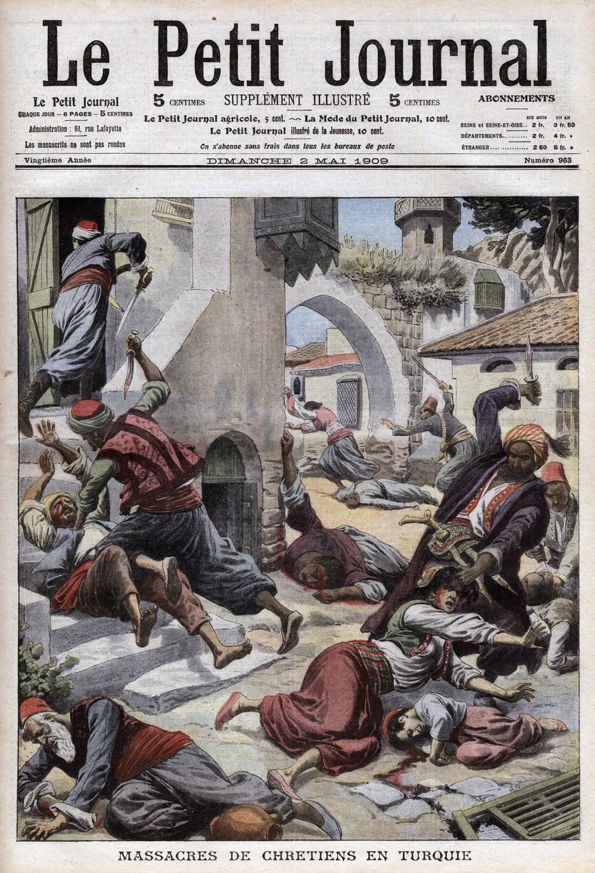 Bloedbad van christenen in Turkije: bloedbad van 30.000 Armeniërs in de stad Adana (Cilicië) (1 april) door French School