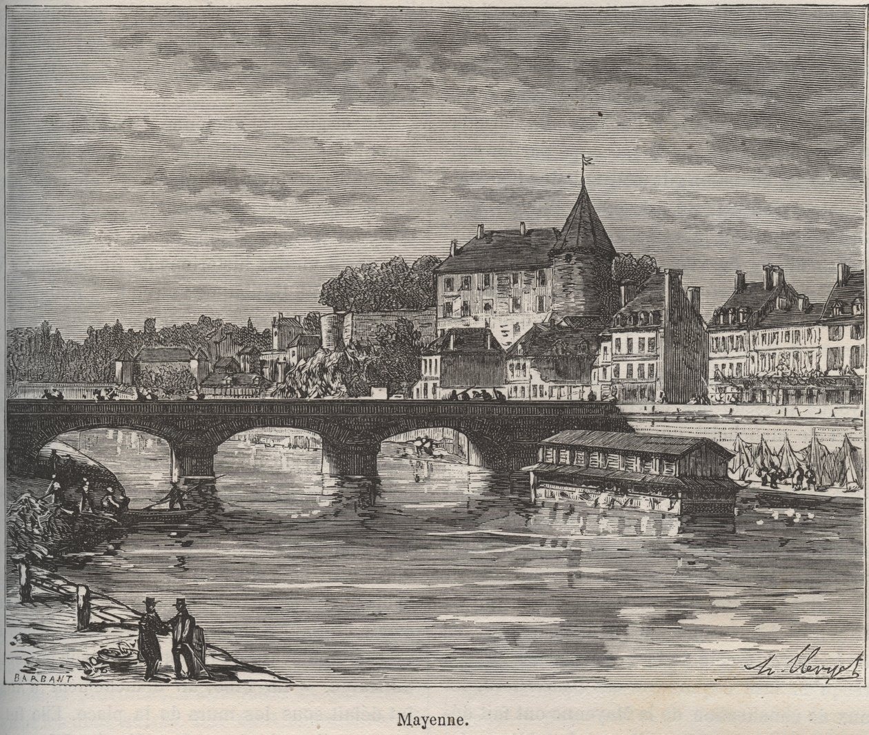 Mayenne is een gemeente in het westen van Frankrijk in de regio Pays de la Loire - gravure in "La France illustree: geografie, geschiedenis, administratieve statistiek" door V.-A. Malt-Brown. 1884 door French School