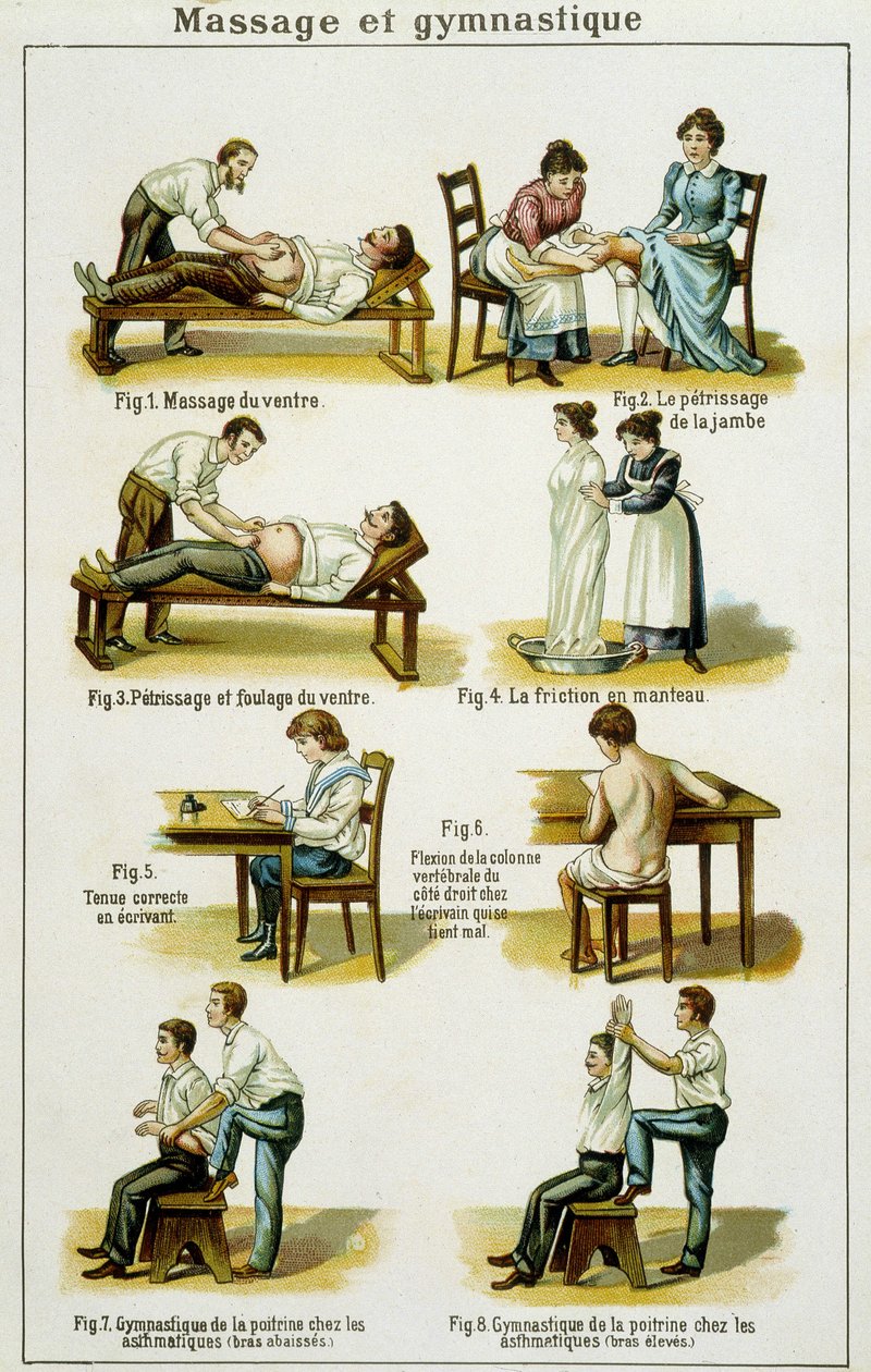 Medische plaat die massages en gymnastiek illustreert (trekt uit Bilz, natuurlijke medicatie) eind 19e eeuw door French School