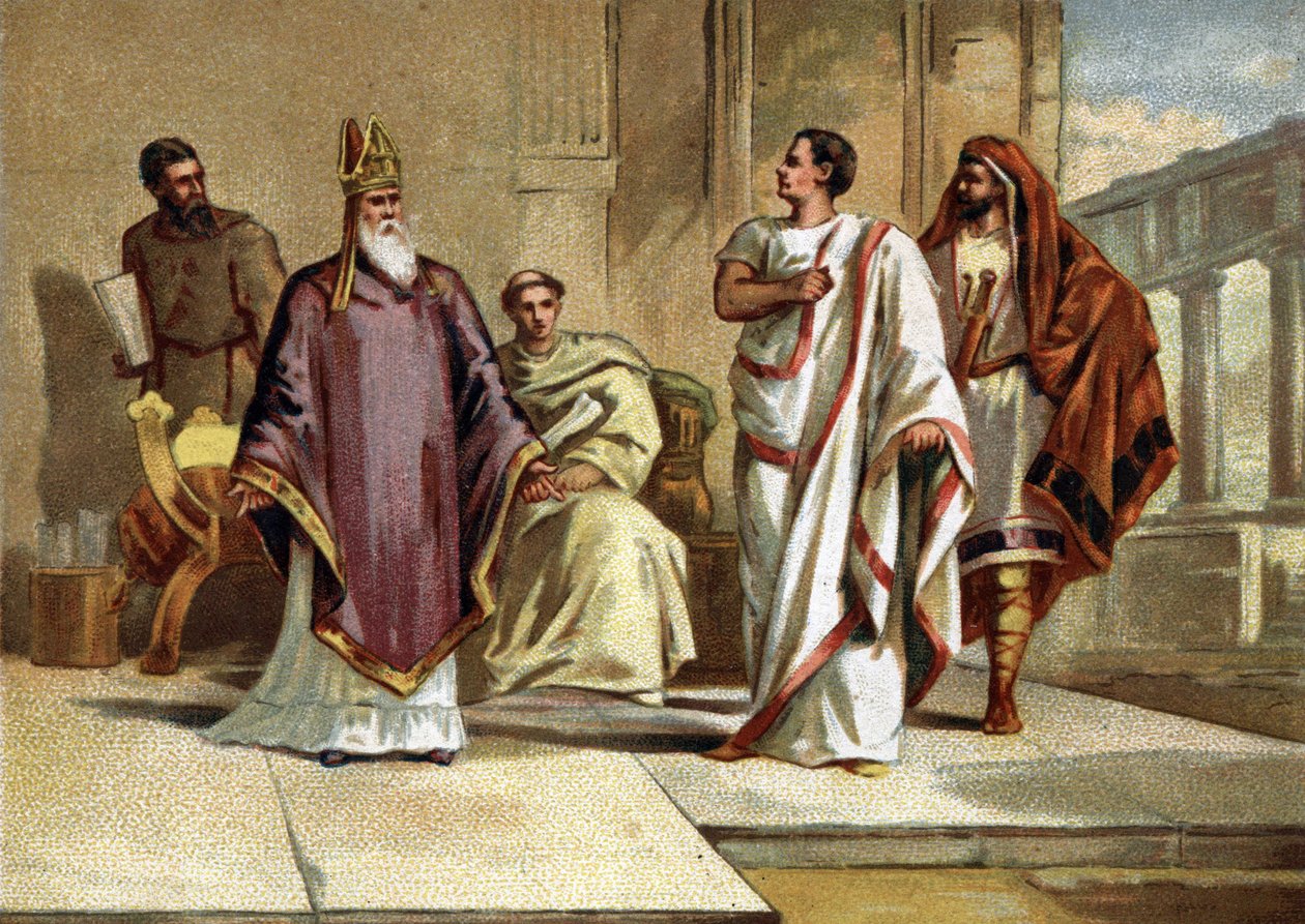 Ontmoeting tussen keizer Flavius Julius Valens (328-378) Romeinse keizer en Sint Basilius van Cesarea of Basilius de Grote (330-379), bisschop en kerkvader. Chromolithografie van het einde van de 19e eeuw. door French School