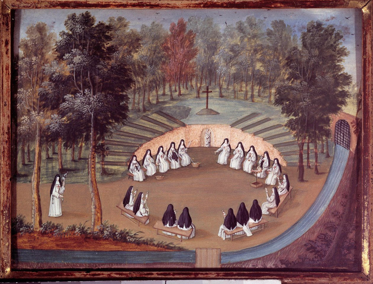 Bijeenkomst van nonnen in Port Royal des Champs (Port Royal des Champs) in een conferentie in eenzaamheid. Anoniem schilderij van de 18e eeuw. Port royal, musee des Granges door French School
