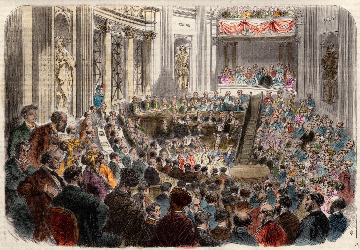 Bijeenkomst van de Franse academie op 23 april 1868. Ontvangst van Monsieur Jules Favre (1809-1880), Franse politicus. Gravure in L