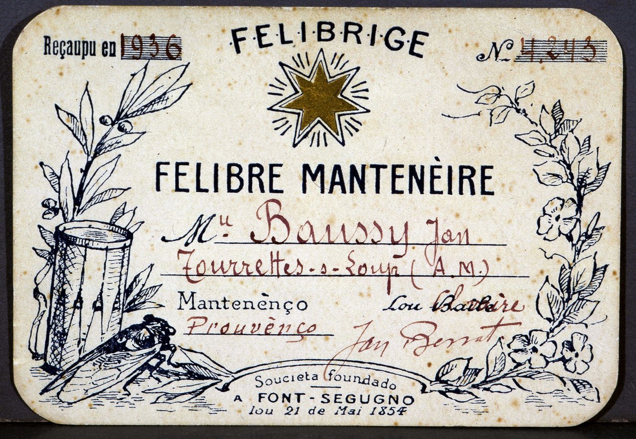Lidmaatschapskaart van Jan Baussy bij de Felibrige, Felibre Vereniging door French School